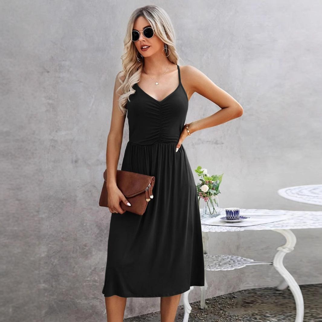 

Women s Dresses Summer Solid Color V-neck Sling Dress XXL бордовий