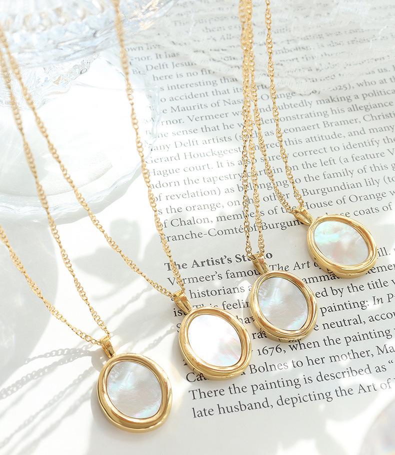 Elegant Gold-Plated Titanium Steel Necklace with Oval White Sea Shell Pendant