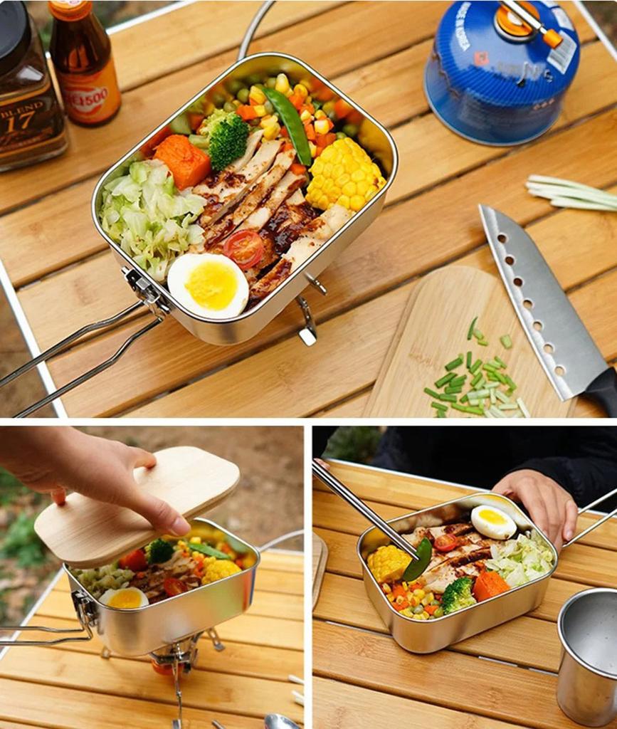 900ML Camping Bento Box Wooden Lid Lunch Box Stainless Steel Bento Box Outdoor Fishing Picnic Lunch Box Pot Chopping Board.