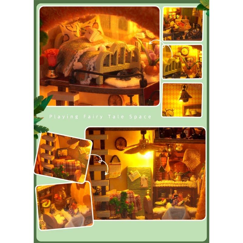 DIY Miniature House Kit, DIY Furry Bear Dolls House Kit, Mini Wooden House Building Kit with LED Light, Halloween/Christmas/Birthday Gifts