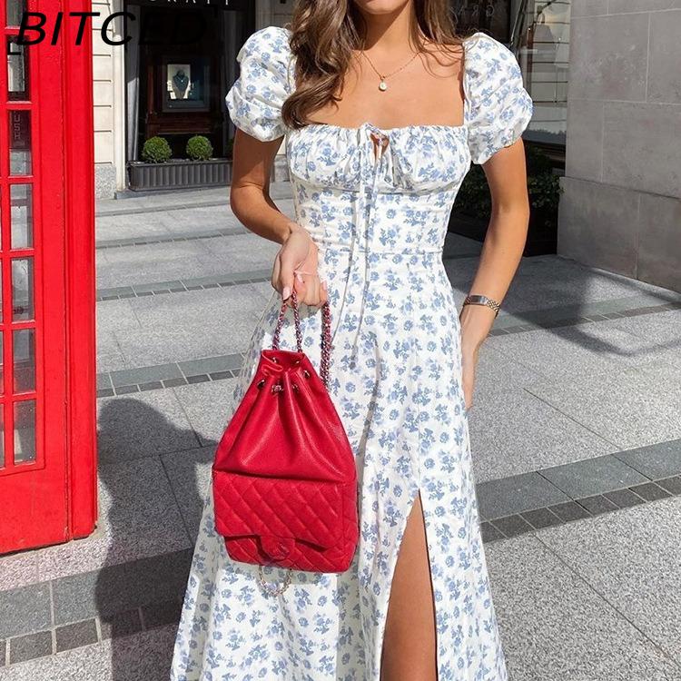 BITCED Women's Dress: Elegant Floral Print Split-Hem Fashionable Resort Strapless Dress