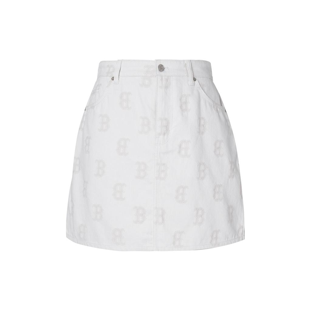 MLB Boston Red Sox Letter Jacquard Straight-Leg Button Half Denim Skirt Women skirts Cream 3FDSM0133-43CRS