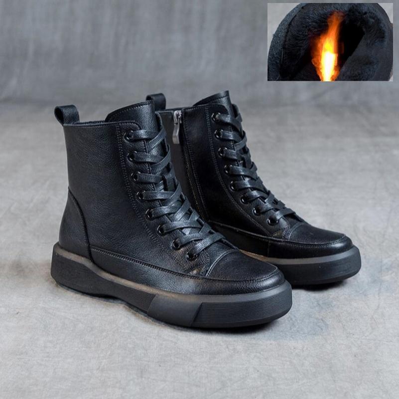 Women Genuine Leather Short Boots Round Toe Genuine Leather Handmade Retro Street Style Winter Warm Flats Ankle Boots