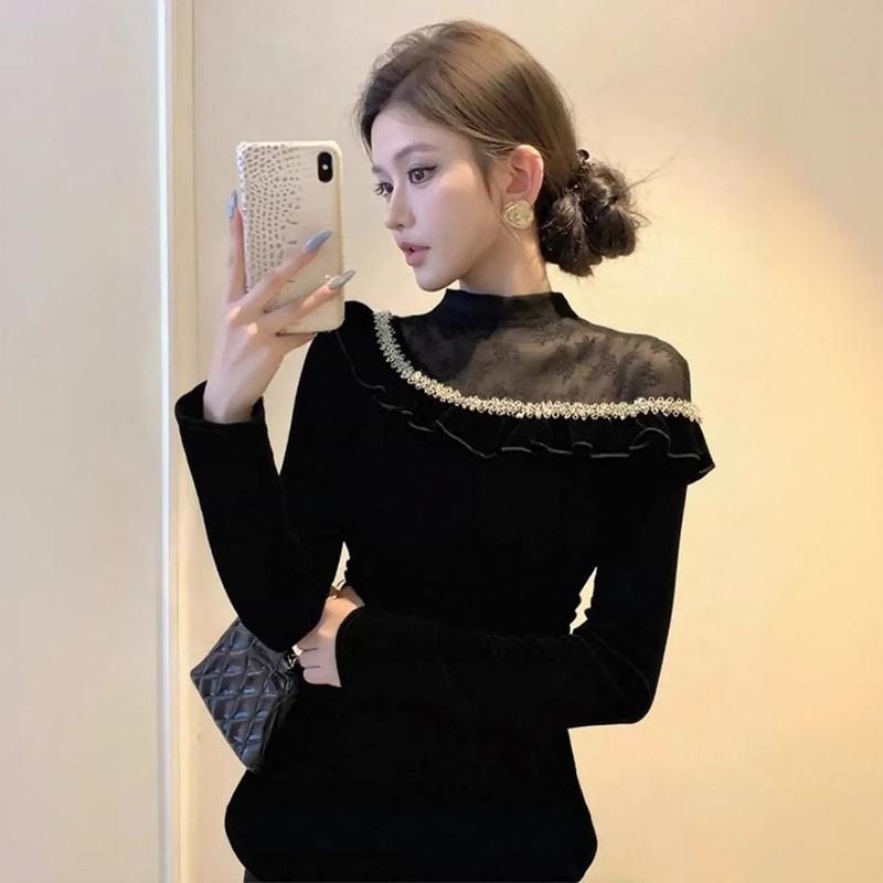Black Spliced Velvet Bottoming Shirt For Women Fall Winter Elegant Long Sleeve Inner Top