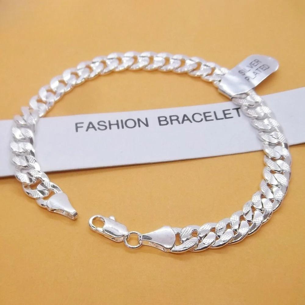 925 Silver Flat Link Chain Bracelet 6mm with Lobster Clasp for Women and Men