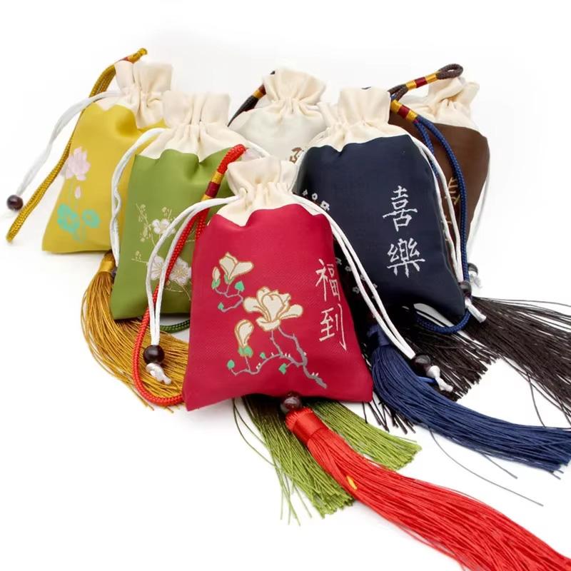 1PC Woven Embroidered Silk Style Sachet Bag Stitching Tassel Drawstring Bag Reusable Lotus Plum Flower 8x12CM