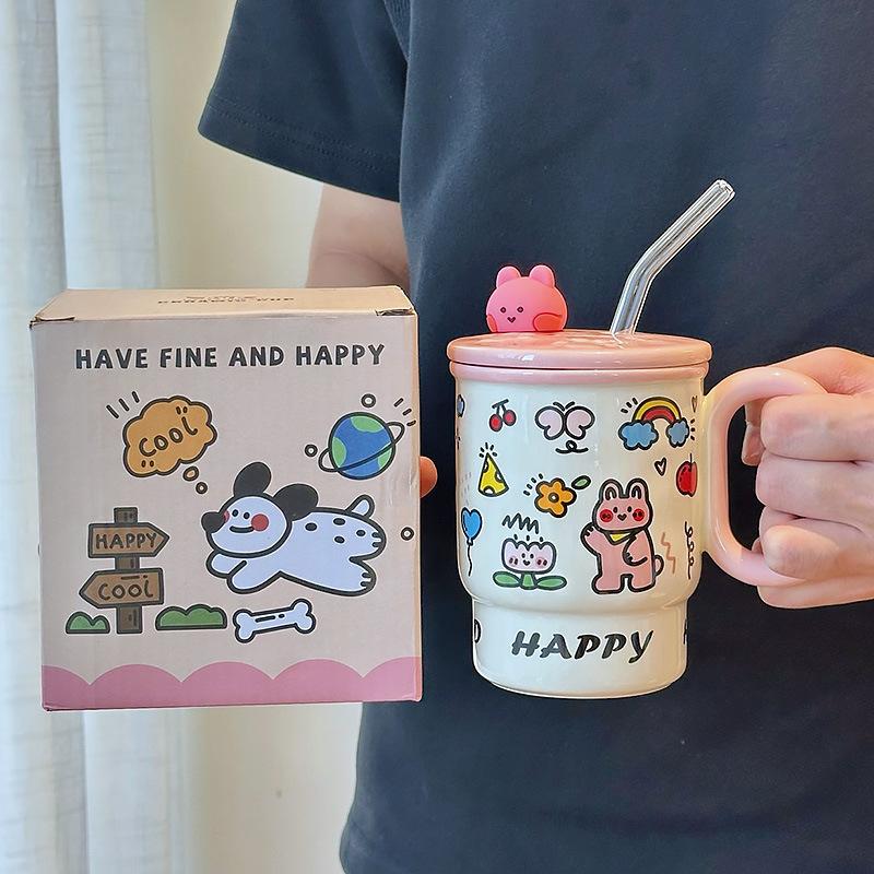 Cute Straw Cup for Drinking Water for Household Ceramic Mug with Lid Water Cup for Girls with High Appearance Office Coffee Cup