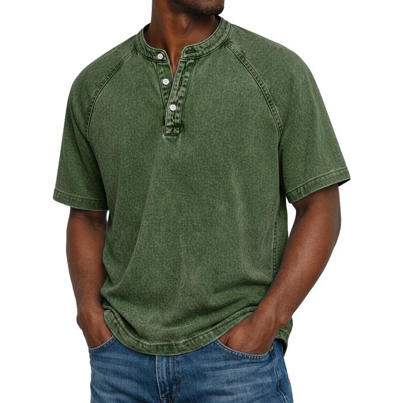 Men's Light Blue Denim Henley Short Sleeve Shirt