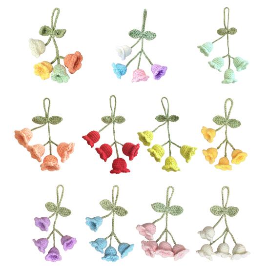 Keychain Pendant Tulip Flower Design Handwoven Yarn Crochet Key Chain Adjustable Rearview Mirror Hanging Car Decoration