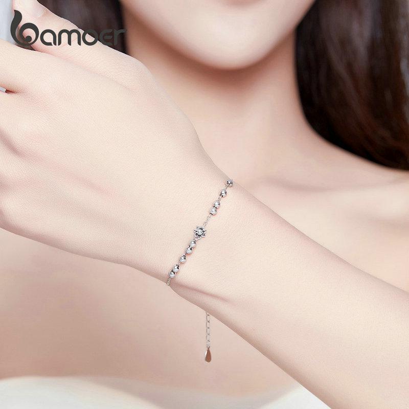 BAMOER Daisy Flower Chain Bracelet Genuine 925 Sterling Silver Beads Link Bracelets
