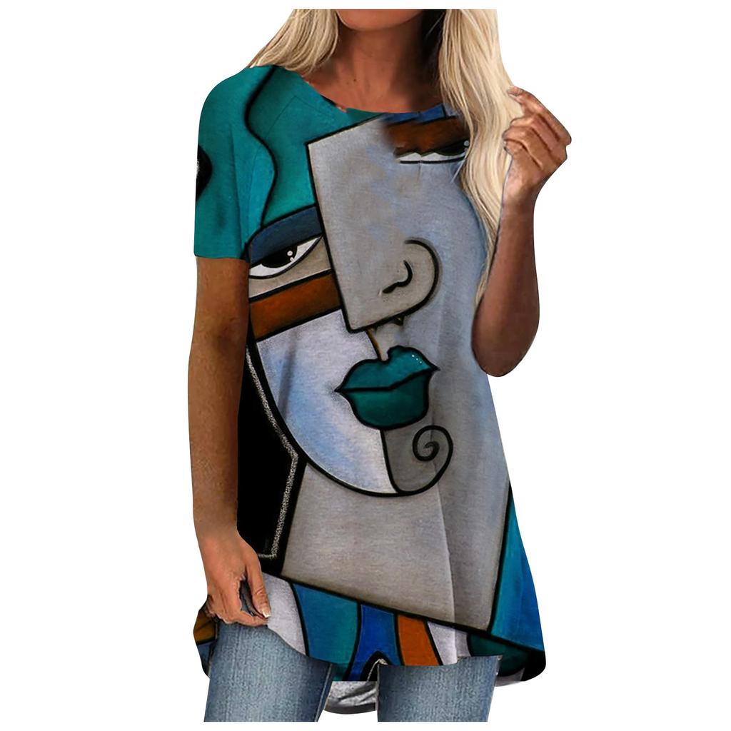 Womens Casual Summer All Print Tee Cute Cat   Short Sleeve T-Shirt Tops