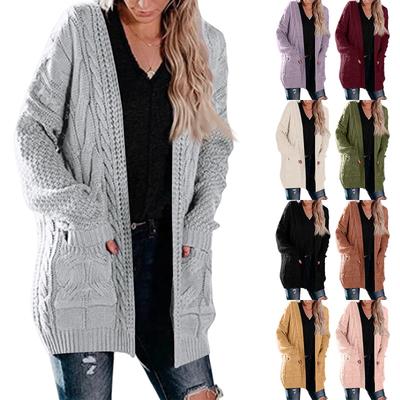 Women's Mid-Length Cable Pocket Knit Cardigan Sweater