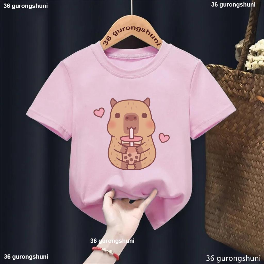 Funny T Shirt Capybara With Turtle Loves Bubble Milk Tea Printed T Shirt Girls Boys Kawaii Kids Clothes Harajuku Shirt Tops