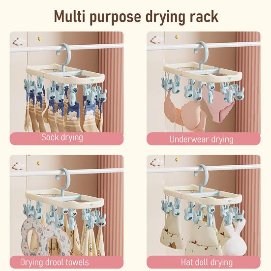 Socks Drying Rack with 14 Clips Foldable Hanging Rack Clothes Drying Rack with 360-Degree Rotatable Hook for Drying Socks Underwear Baby Clothes