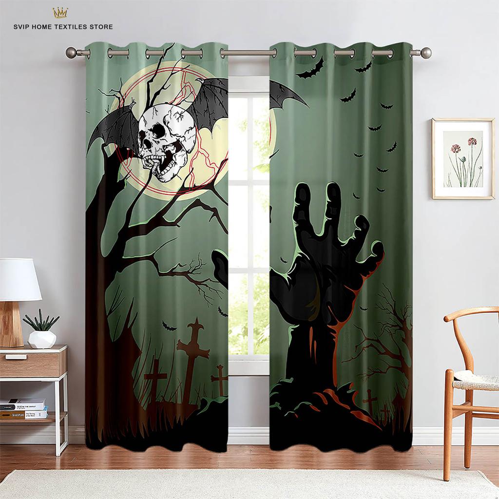 Halloween Printed Curtains for Kids, Dark Castle, Skull Witch, Children's Party Decorative Curtains, Suitable for Bedroom
