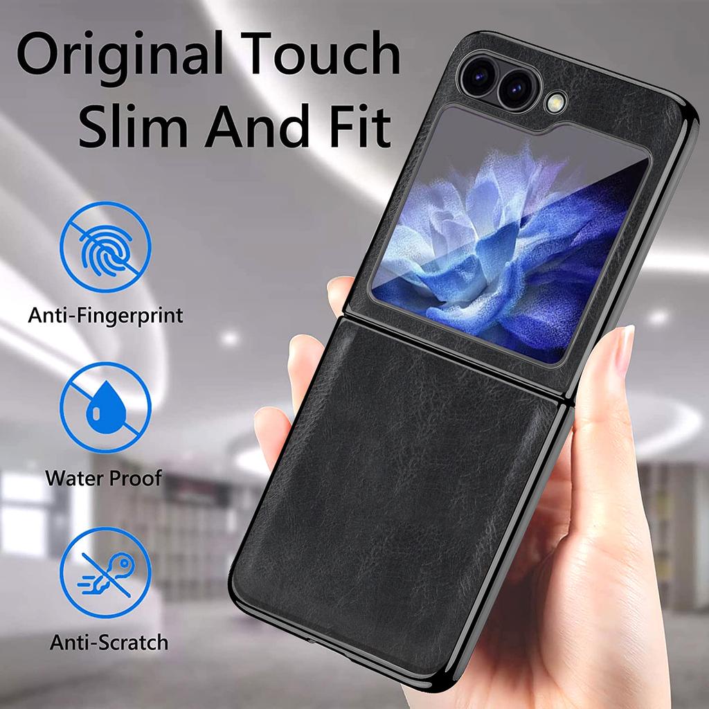VIETAO Plating Edge Z Flip 7 Case With Front Screen Protector,Brown Crazy Horse PU Leather Phone Cover For Galaxy Z Flip 6 5 4 3