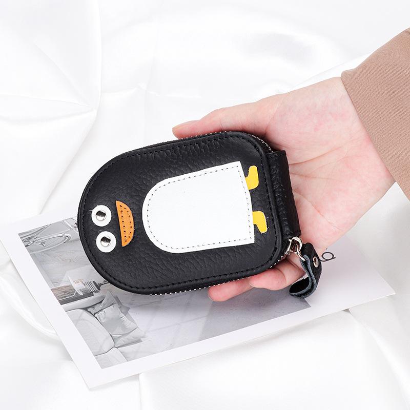 Small Penguin Shape Card Holder Coin Purse Cartoon Cute Genuine Cow Leather Zipper Purses Mini Wallet