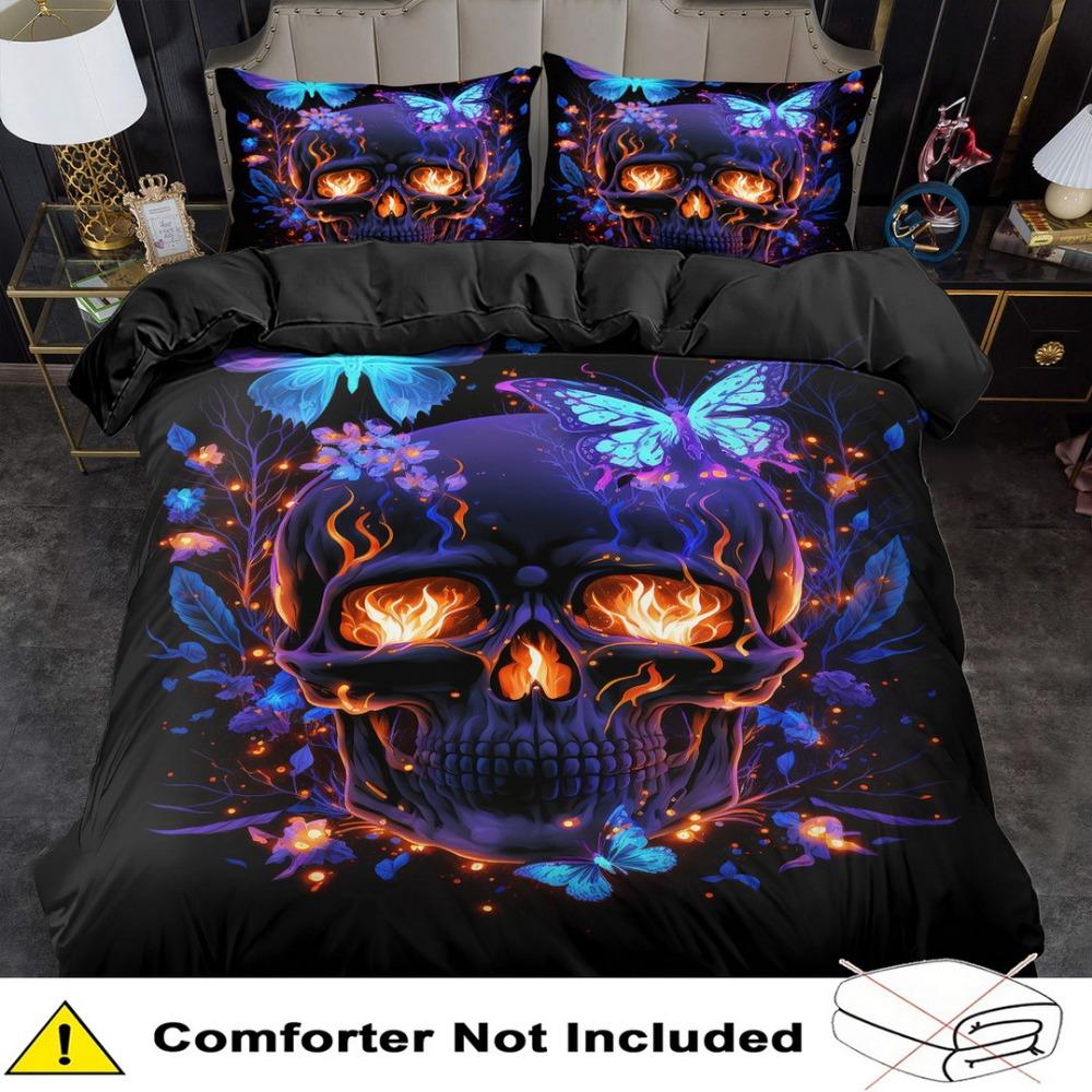 3pcs Black Bedding Set Gothic Colorful Skull Butterfly Printed Soft Duvet Cover King Queen Twin Size Birthday Gift Bedroom Decor
