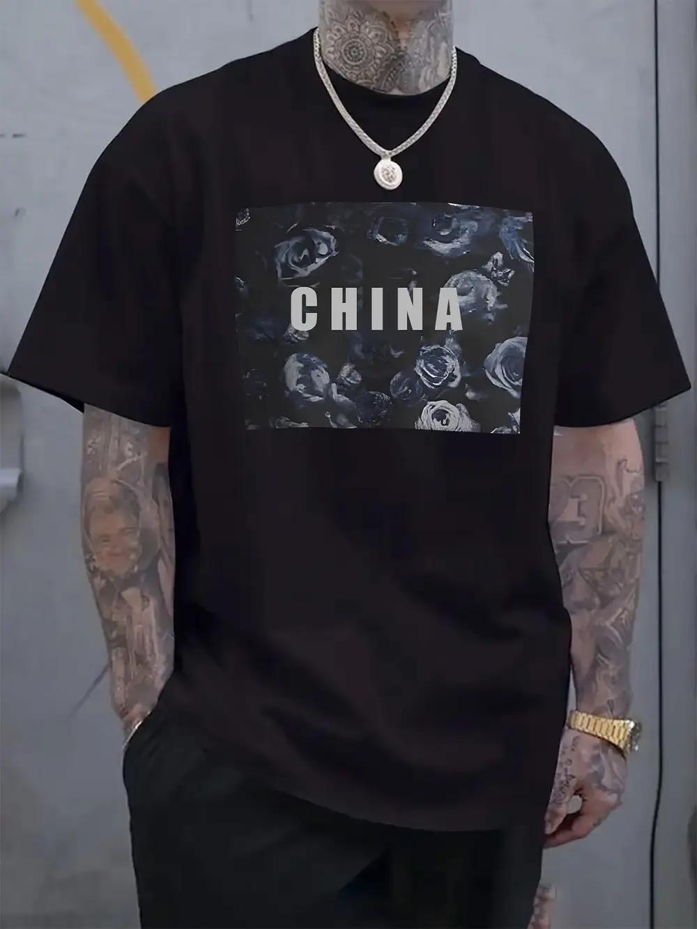 

Casual Short Sleeve T-shirt with China Floral Print & Dark Blue Roses - Breathable Regular Fit Round Neck Summer Tee S