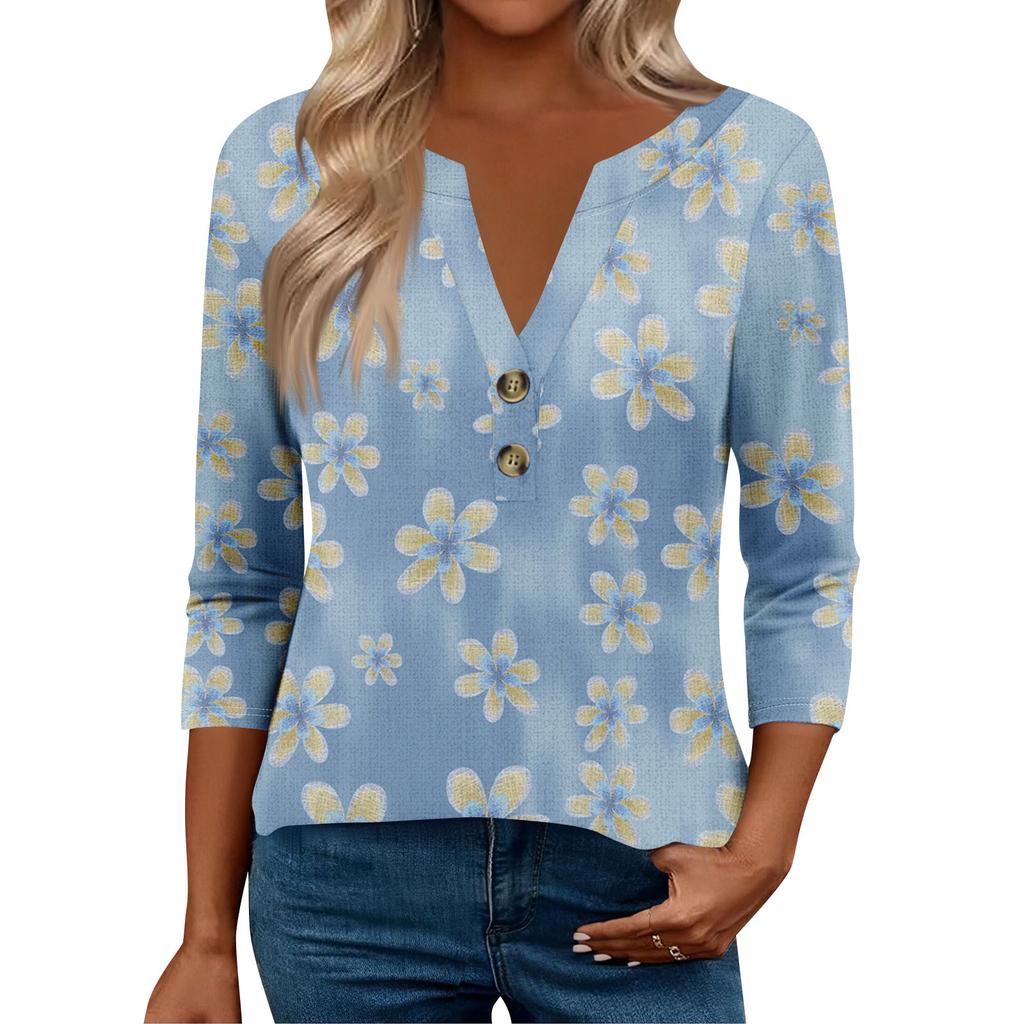 3/4 Sleeve Womens Tops For Women Henely Tops Button V Neck  Loose Fit Dressy Womens Summer Tops