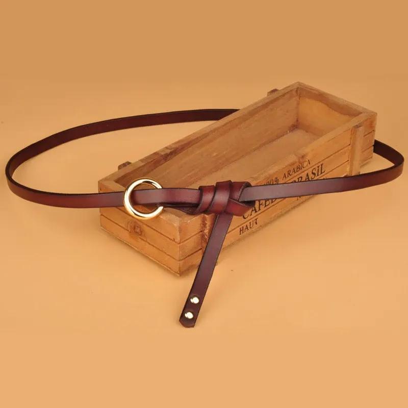 1CM No Hole Knot Women Belt Circular Buckle Cowskin Real Genuine Leather Belt Decoration Thin Strap Female Belts Cummerbunds