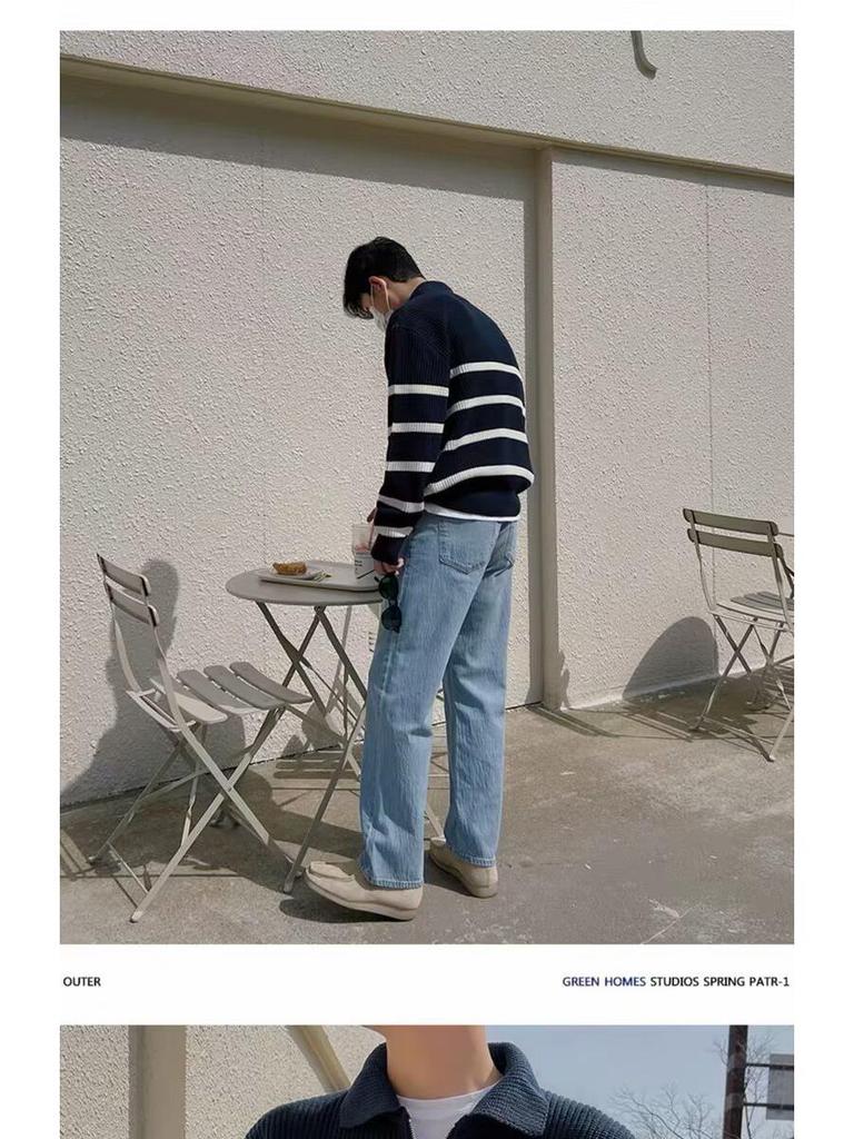 Men's Retro Korean Style Striped Half-Zip Sweater with Lapel