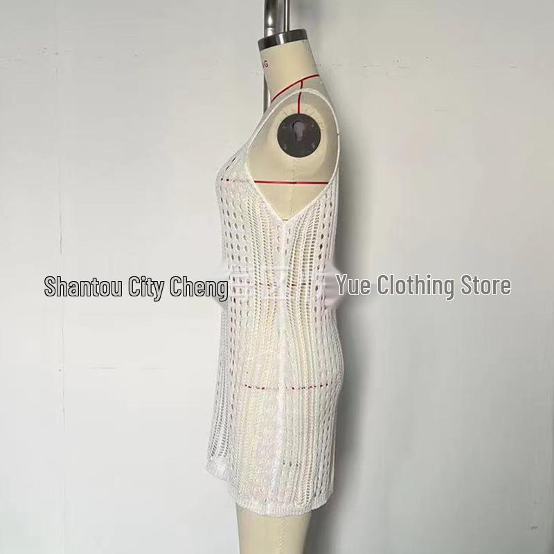 European and American Women's See-Through Spaghetti Strap Knit Beach Dress