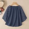 ZANZEA Kvinner Casual Mesh Spleis 3/4 Erme Løs O-hals Bluse
