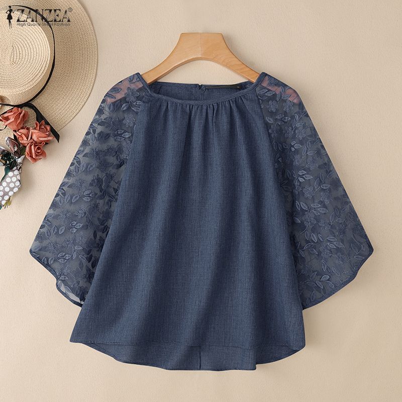 ZANZEA Kvinner Casual Mesh Spleis 3/4 Erme Løs O-hals Bluse