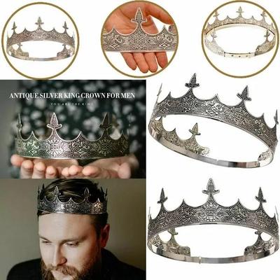 Couronnes pour hommes Couronne de roi en argent antique Couronne pour hommes pour décorations de fête de roi de bal Couronne médiévale royale et accessoires de costume de sceptre