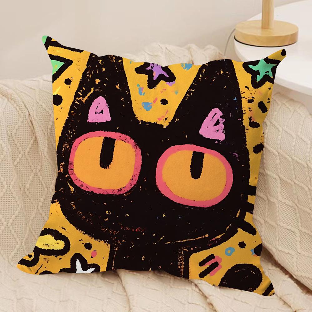 Art Dopamine Doodle Cat Cushion Cover Silky Short Plush Invisible Zipper Dustproof Sofa Pillow Case For Home Decor