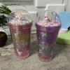 New High-value Unicorn Straw Cup,Portable Cartoon Plastic Water Cups, Double-layer Glitter Crushed Ice Cup, Holiday Gift Tea Cup