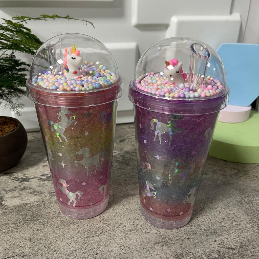 New High-value Unicorn Straw Cup,Portable Cartoon Plastic Water Cups, Double-layer Glitter Crushed Ice Cup, Holiday Gift Tea Cup