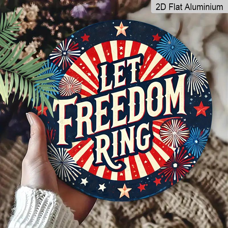 2D Flat, 1pc Round Aluminum Hanging Sign - "Let Freedom Ring" Patriotic Firework Metal Wall Art, Retro Red White Blue Starburst Design, Perfect for