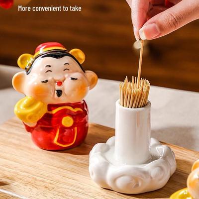 Ceramic Wealth God Toothpick & Cotton Swab Holder - Desktop Ornament for Living Room and New Year Decor.