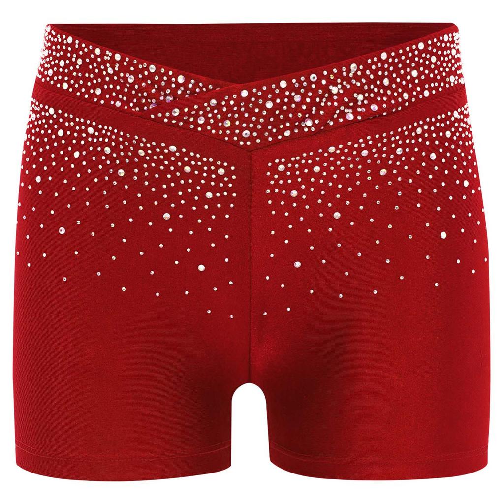 Kids Performance Shorts with Sparkling Rhinestones V-Front Elastic Waistband for Dance Gymnastics