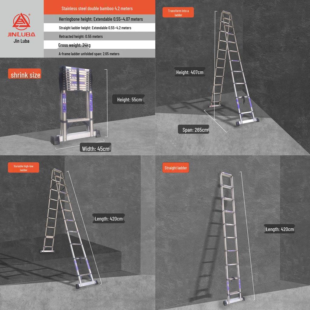 Jinluba Aluminum Telescopic A-Frame Ladder - Thickened, Stainless Steel, Bamboo Joint, for Household & Engineering Use