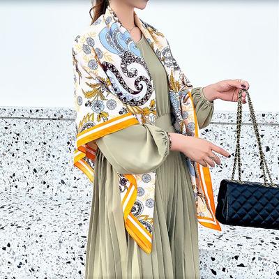 Silk Scarf Women Large Shawls Cashew Flower Print Stoles Square Bandana Luxury Kerchief Hijab Female Foulards 130CM