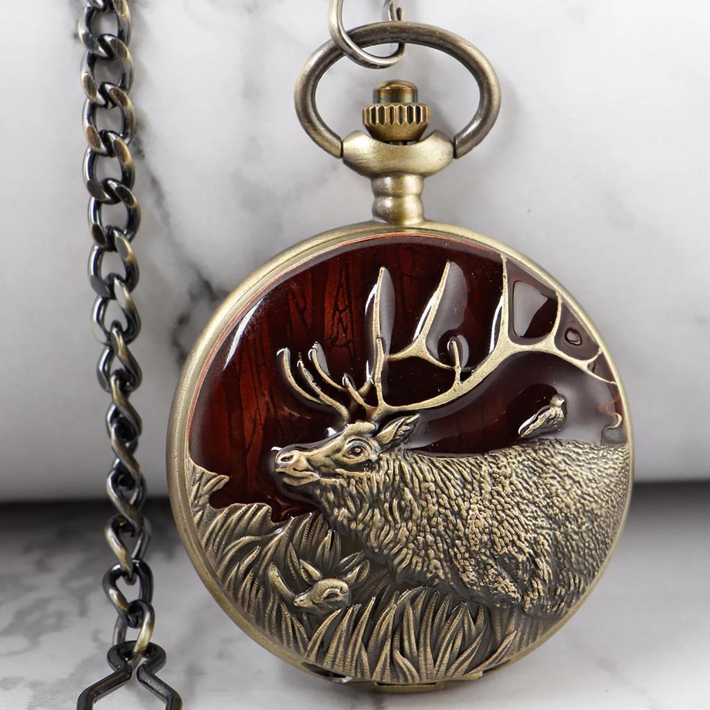 10pcs/lot Casual Vintage Pocket Watch Elk Carved Men's Women Necklace Pendant Clock Steampunk Gifts Reloj De Bolsillo