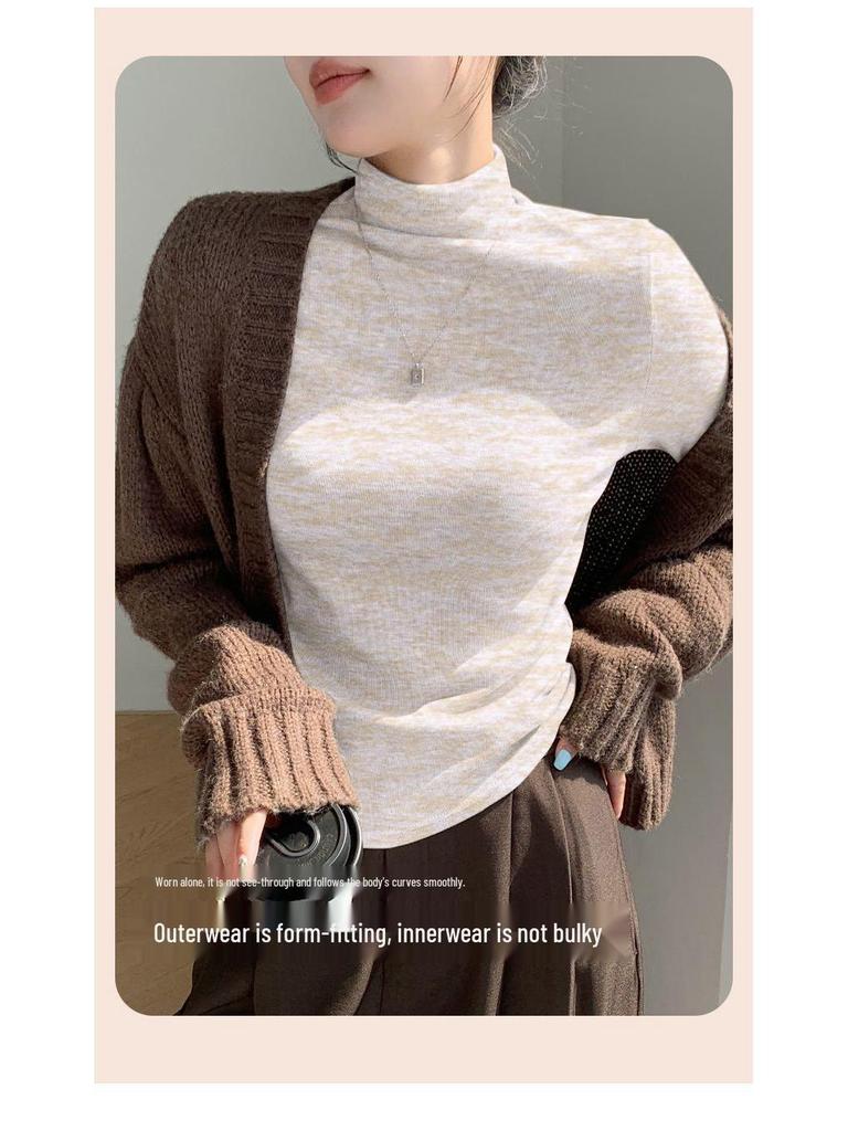 Women's Soft & Fluffy Cashmere Long-Sleeve Base Shirt with Half-High Collar for Spring, Autumn & Winter - Warm Fleece Inner Wear.