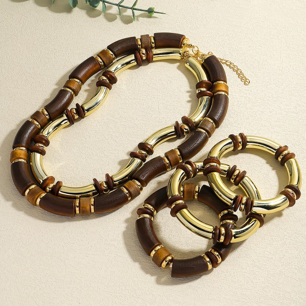 Dvacaman 2025 ZAA Vintage Women Necklaces Bracelet Set Trend Wooden Curved Splicing Choker Summer Boho Holiday Party Accessories