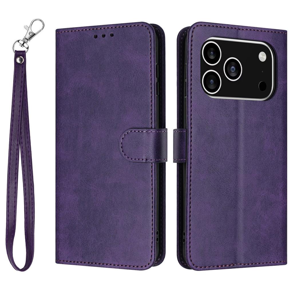 For iPhone 17 Pro Case Flip Stand Calf Texture PU Leather Wallet Phone Cover with Strap