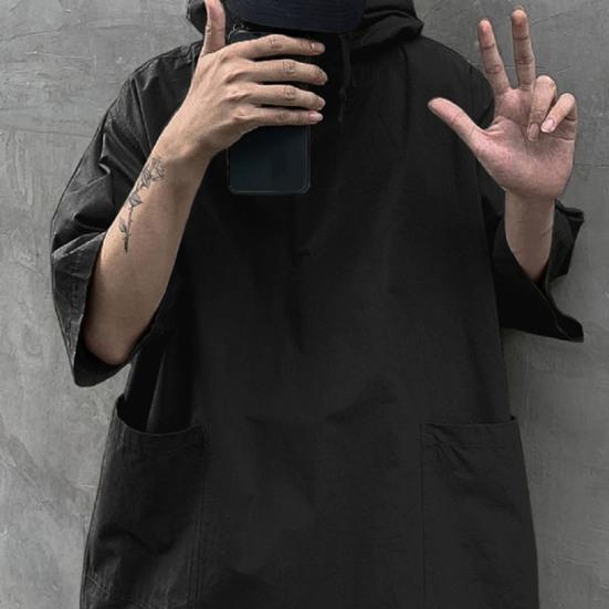 Hooded Half Sleeve Pullover Top Soft Large Pockets Loose Men T-shirt Streetwear