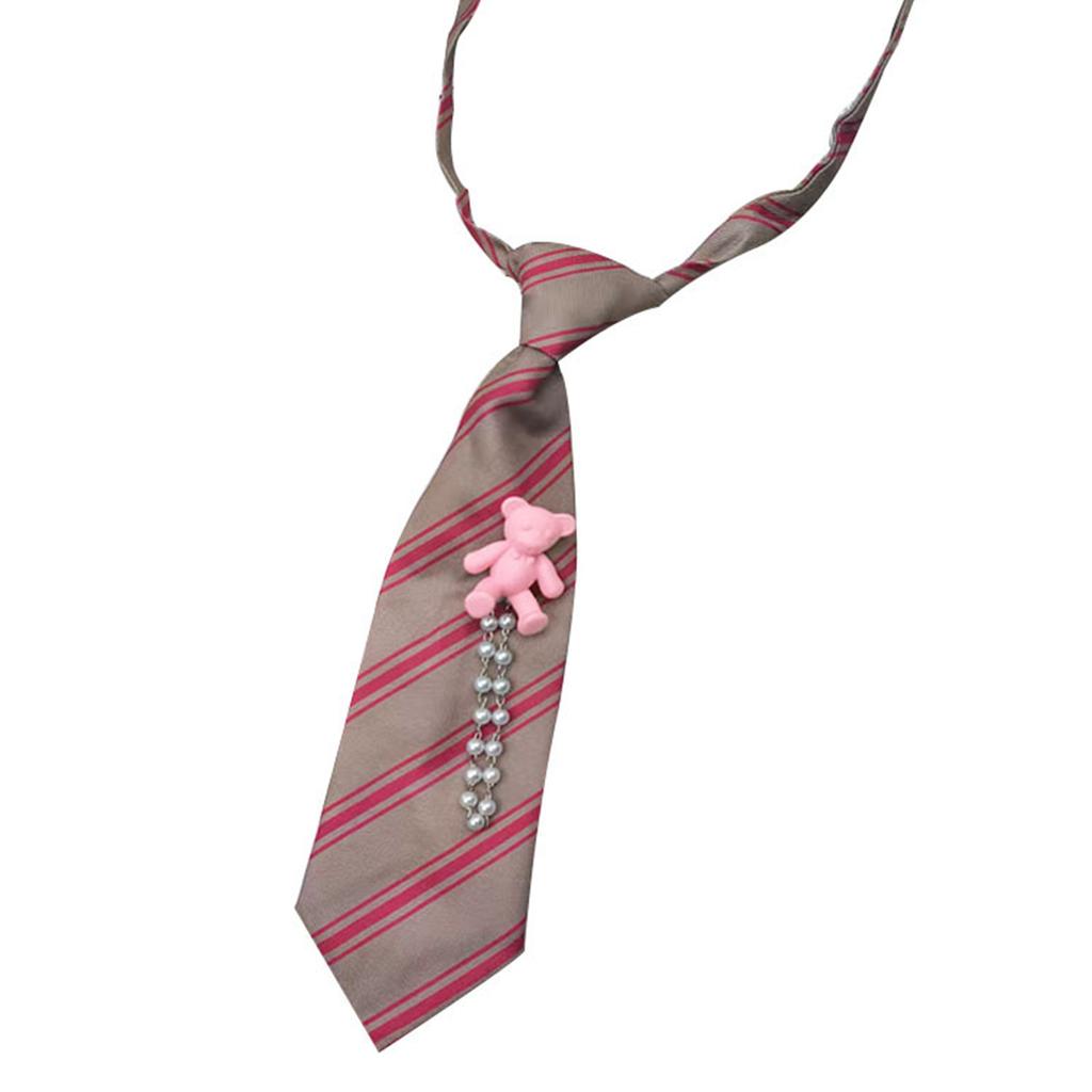 Boys Girls Cute Bear Pearls Chain Striped Necktie Children School Uniform Adjustable Pre Tied Ties for Wedding Parties
