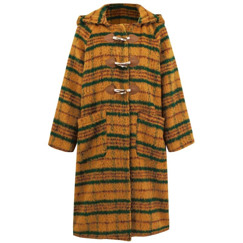 Women's Plus Size Winter New Cardigan Horn Button Wool Coat Loose Vintage Hooded Warm Plaid Long Coat