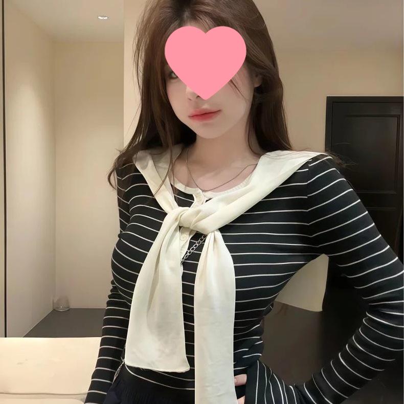 Women's Korean Style Striped Button-Down Shirt with Shawl - Autumn Slim Fit