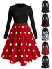 Plus Size Women's Hepburn Style Polka Dot A-line Dress with Round Neck and Long Sleeves