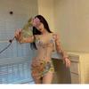 Bikini Sexy Hot Girl V-neck Chest Tied with Floral Mesh Ultra-thin T-shirt+triangle Pants Wrapped Buttocks Skirt Beach Vacation