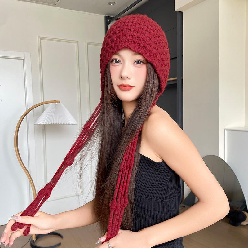 Warm Ear protecting Woolen Hat Autumn and Winter Hand Knitted Hollow Baotou Hat Women's Ethnic Style Tassel Pullover Knitted Hat
