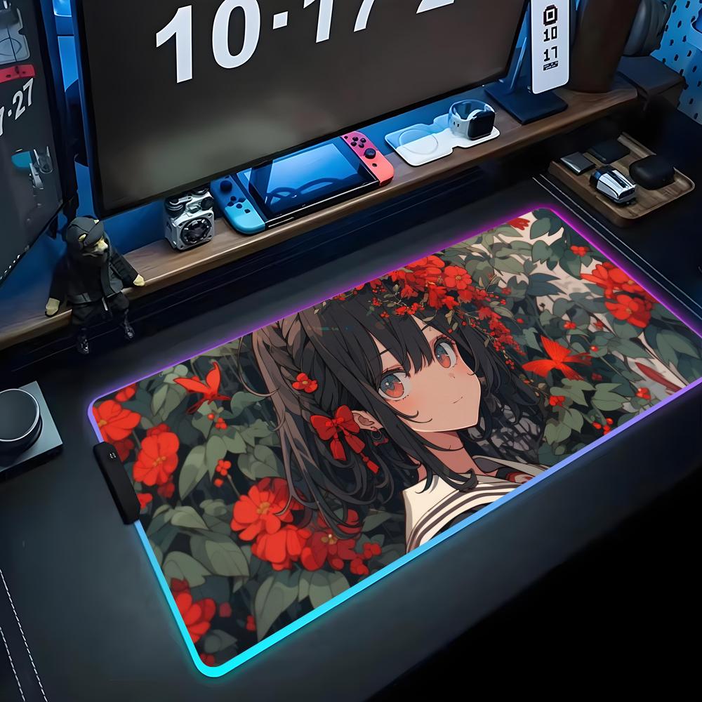 Anime Girls Mouse Pad RGB Gaming Mousepad Big LED Pad PC Desk Mat Luminous Mouse Pad Large Keyboard Mats Table Rug With Backlit